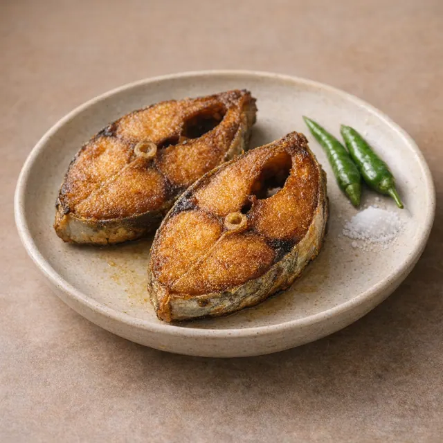 Ilish bhaja fried hilsa fish on a Bangladeshi plate